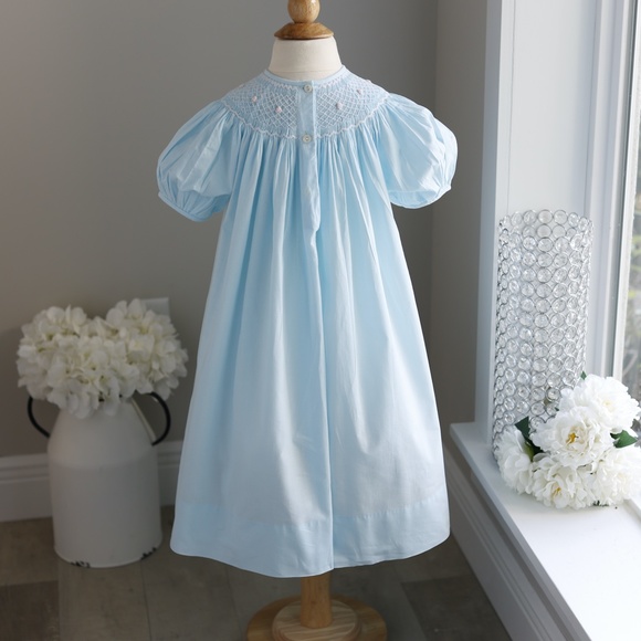 Smocked Dress Strasburg Aqua Blue Hand Pink Embroidery Size 5 100% Cotton - Picture 3 of 4